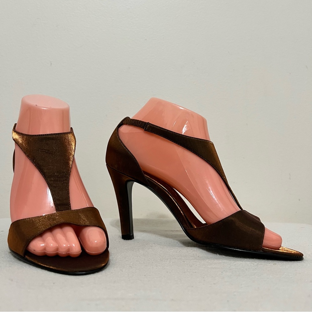 Nina Bronze Satin T-Strap Pumps Evening Party